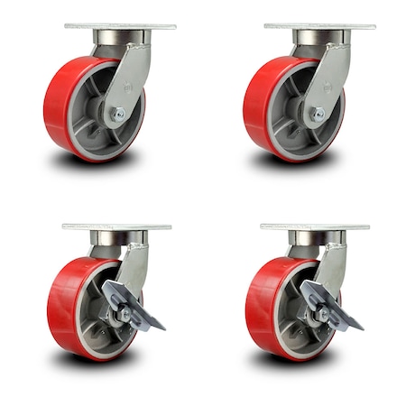 Service Caster 8 Inch Heavy Duty Red Poly on Cast Iron Wheel Swivel Caster Set with 2 Brakes SCC-KP92S830-PUR-RS-2-SLB-2